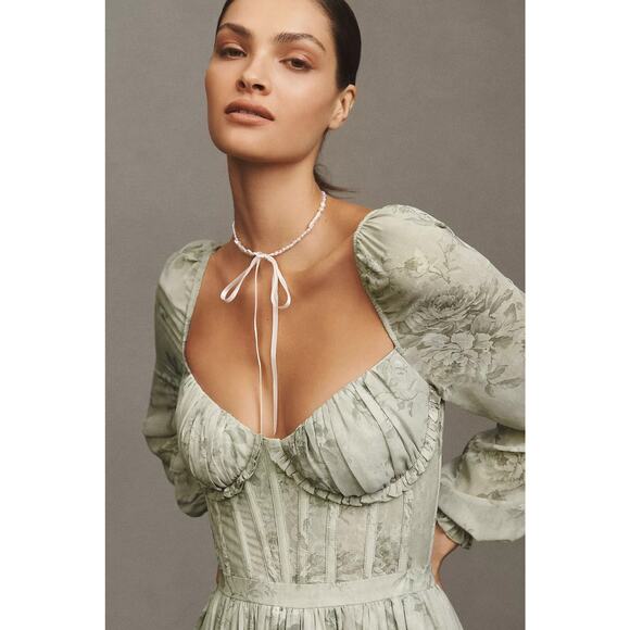 V. Chapman Sage Tapestry Carmella Long Sleeve Corset Chiffon Maxi Dress - Picture 1 of 15